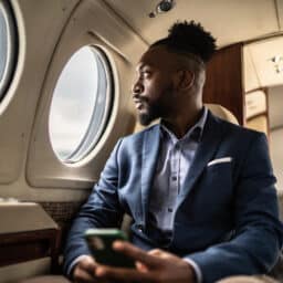 Man sitting on a plane looking out the window.