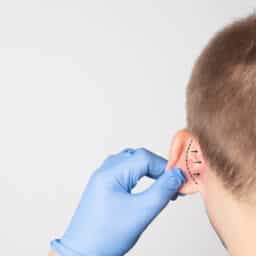 Surgeon holds child's ear