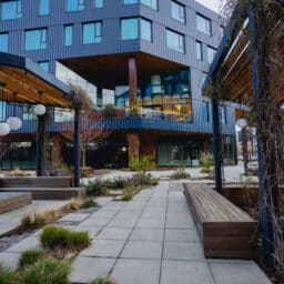 Office buildings in downtown Portland Oregon with a natural garden feature. Some of these buildings have rooftop gardens and plants growing in the skyline level.